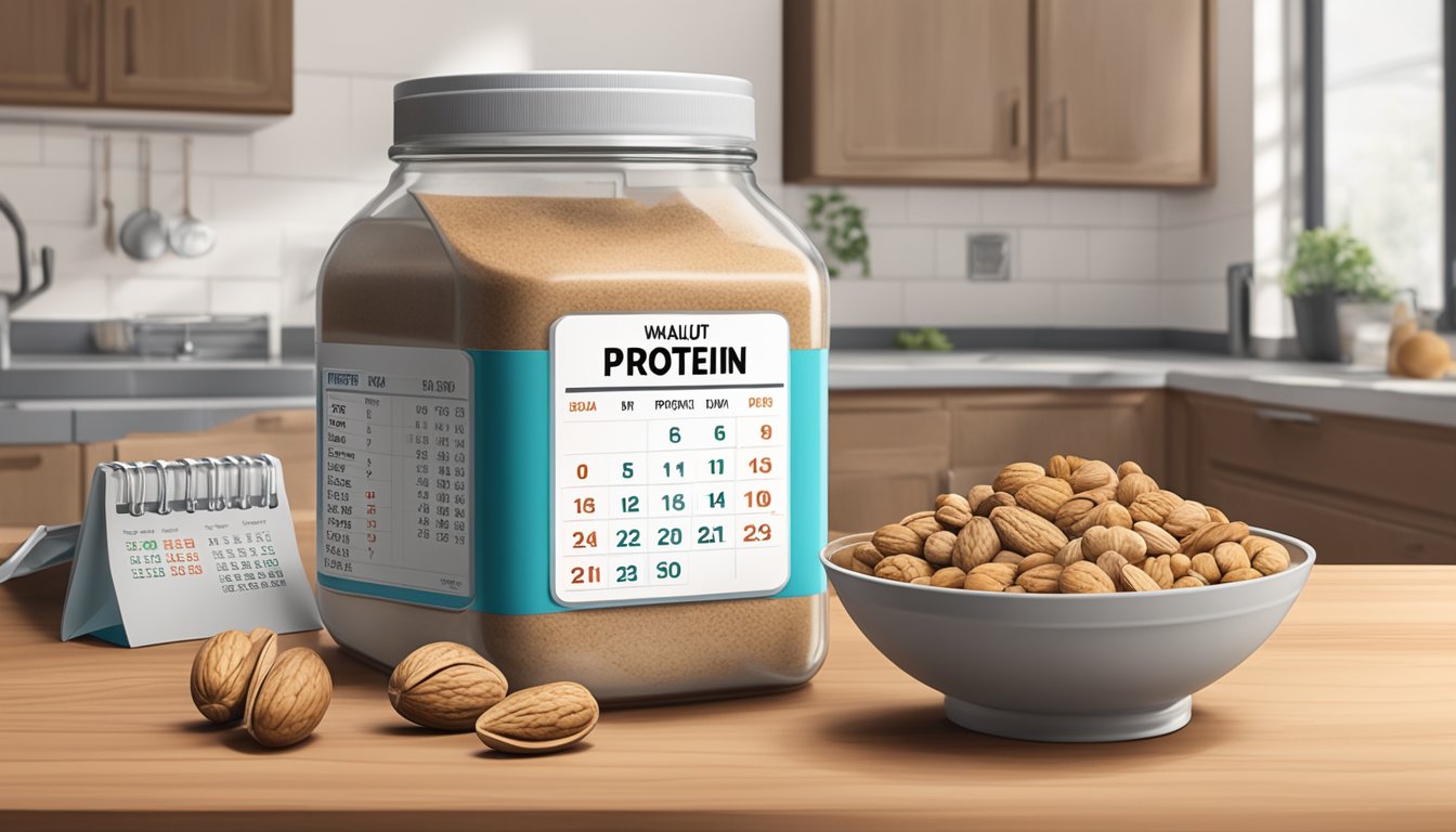 A jar of walnut protein powder sits on a kitchen counter, surrounded by various nuts and a calendar showing the expiration date