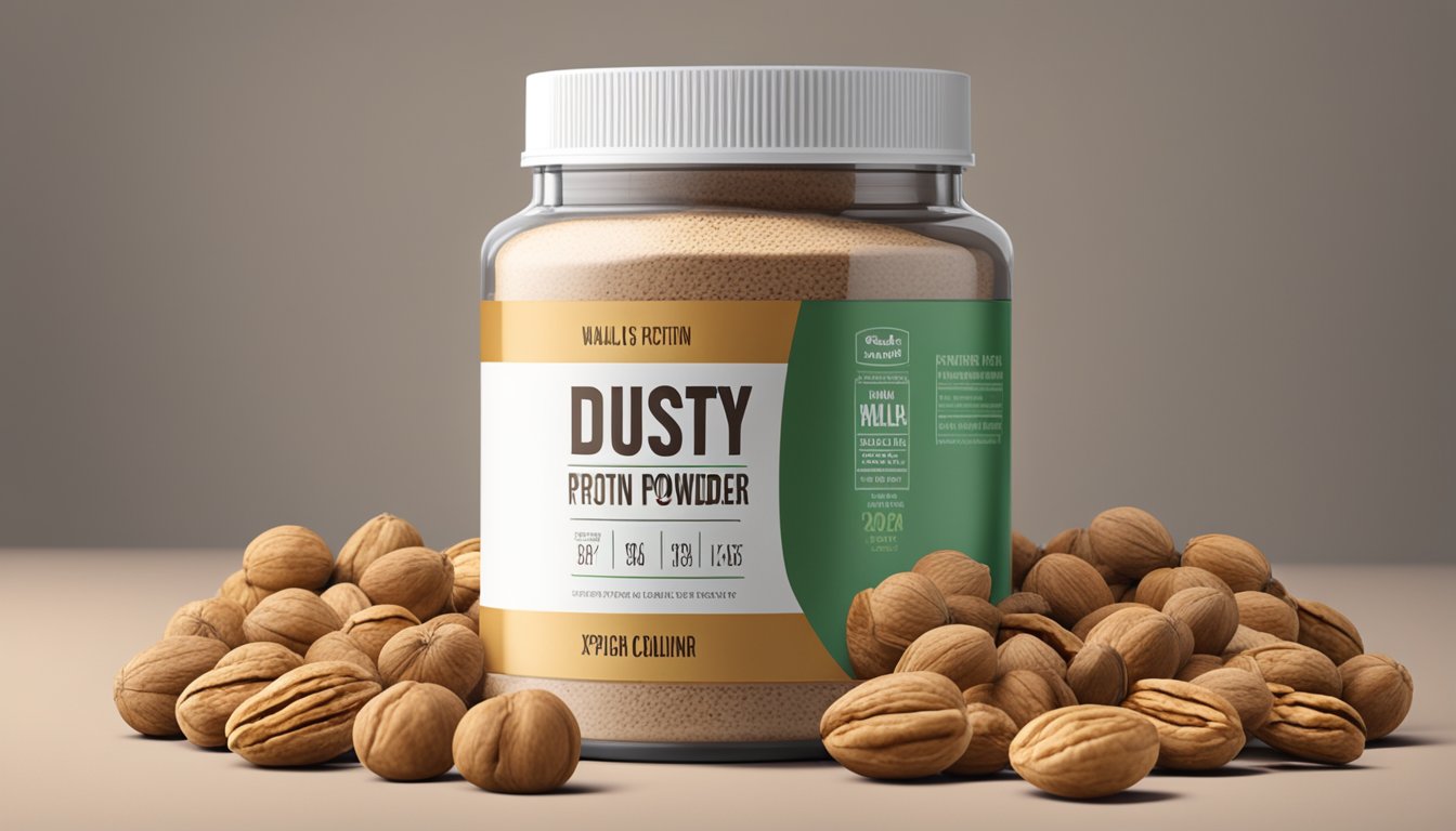 A dusty protein powder container next to a pile of expired walnuts