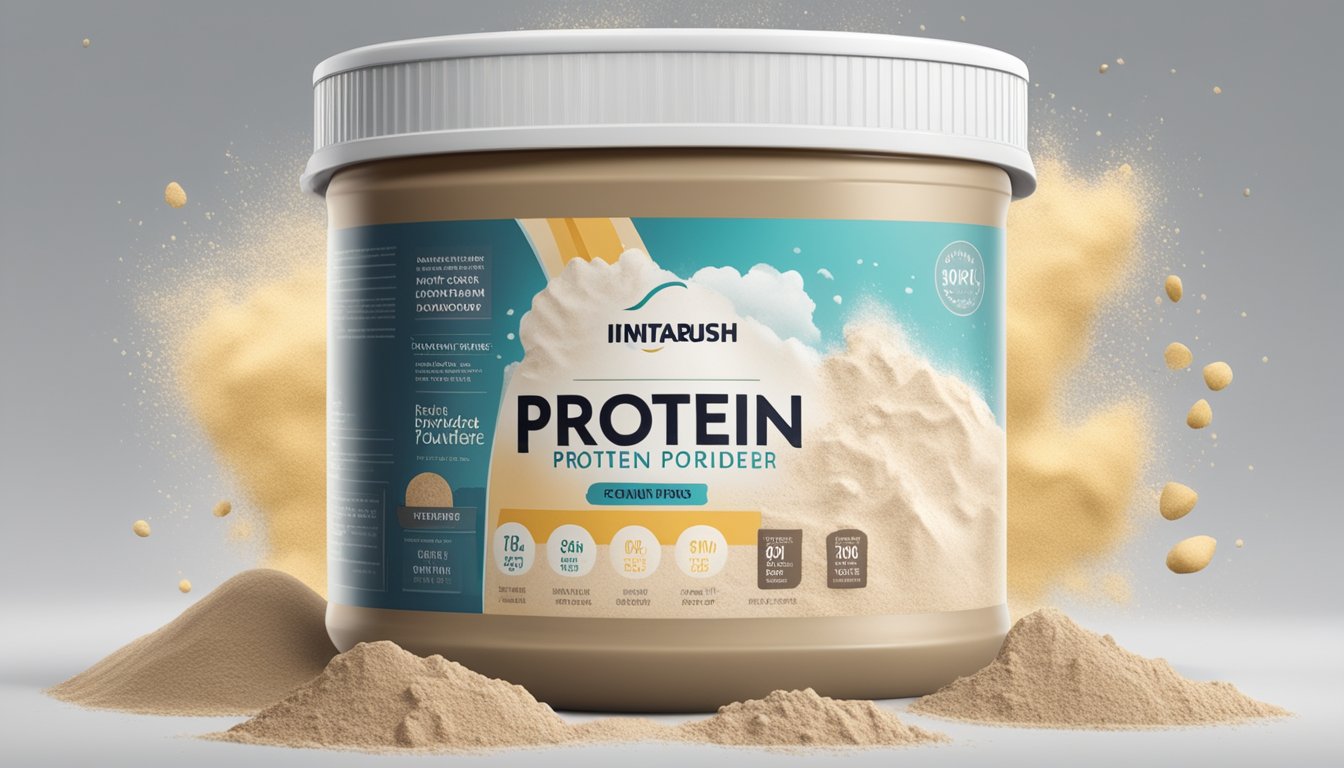 An open container of protein powder with a faded label, surrounded by clumps of powder and a musty odor