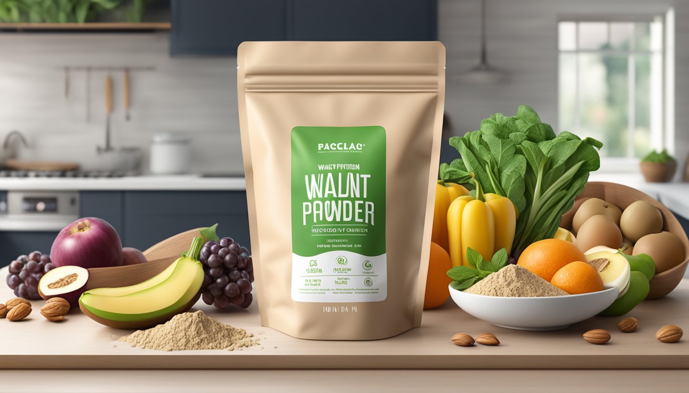 A sealed bag of walnut protein powder sits on a clean, well-lit kitchen counter, surrounded by fresh fruits and vegetables