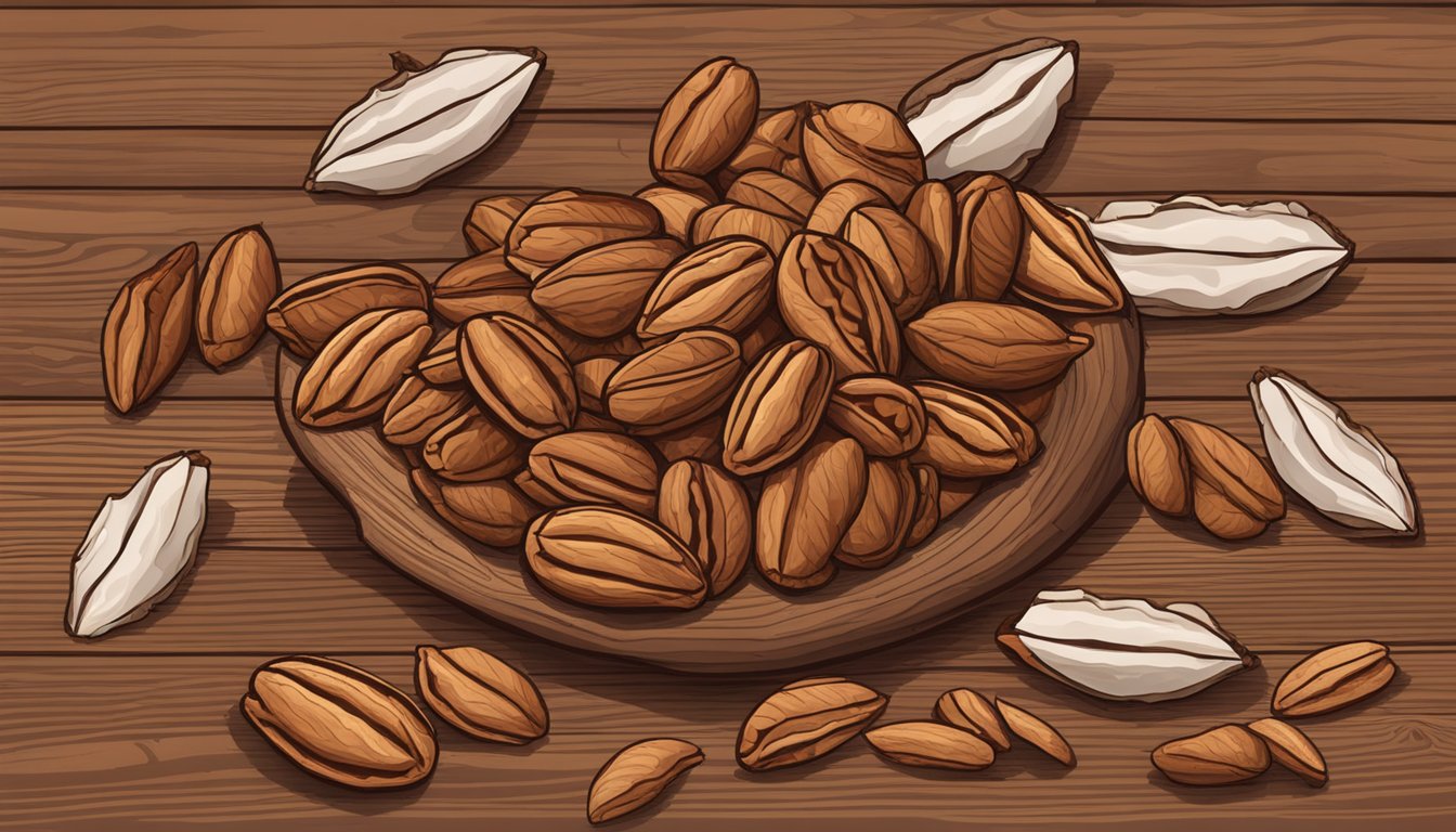 A pile of pecans, some with cracked shells, others whole, arranged on a wooden surface with a few scattered leaves