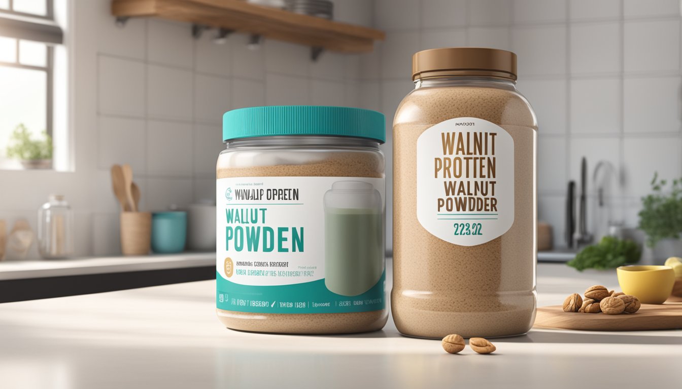 A jar of walnut protein powder sits on a clean, well-lit kitchen counter, with a clear expiration date label visible