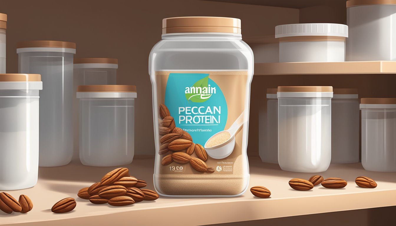 A clear, airtight container holds fresh pecan protein powder on a shelf, away from direct sunlight and heat sources