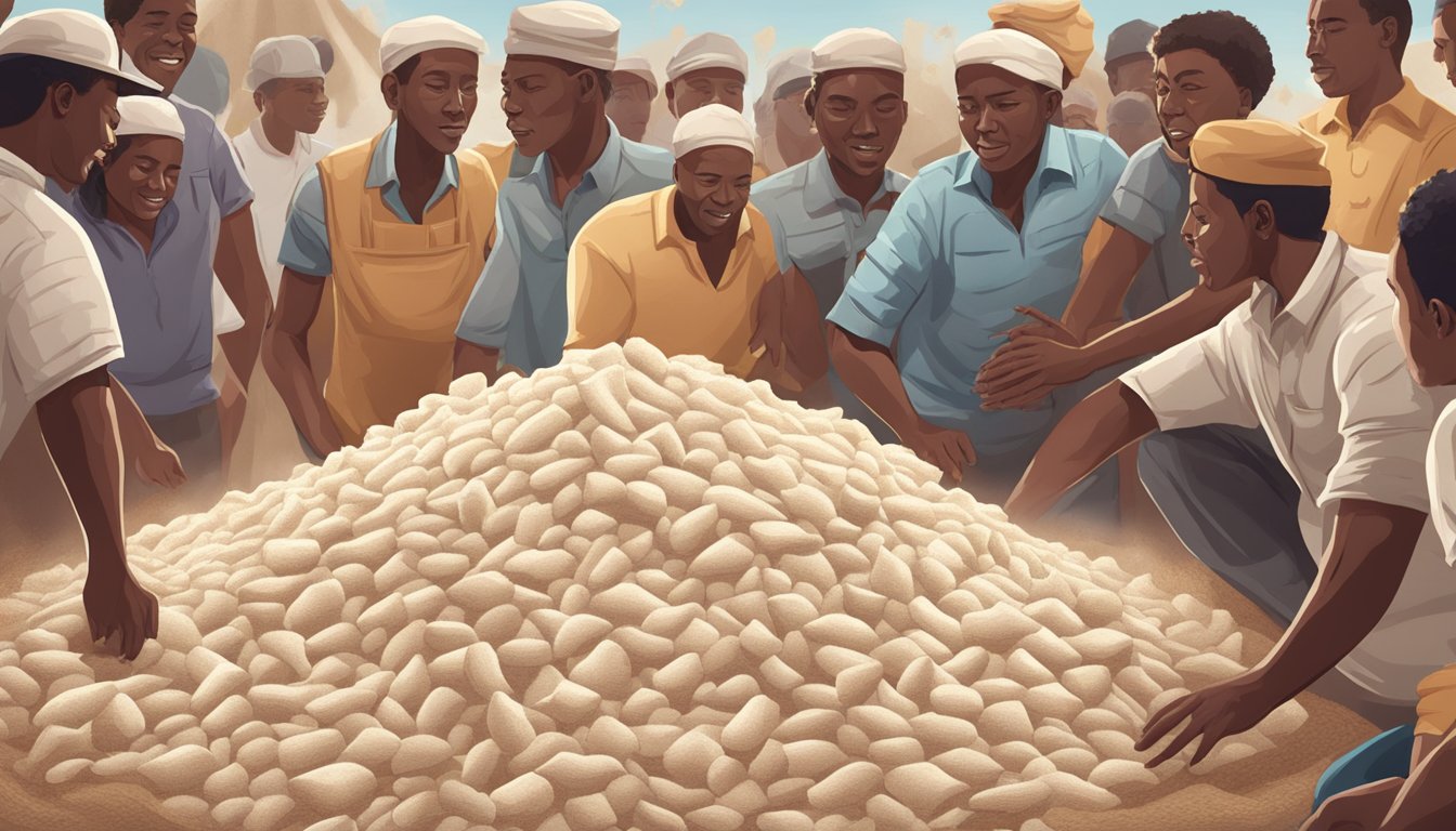 A pile of cassava flour spilling out of a torn sack, surrounded by a group of people evaluating its texture and aroma