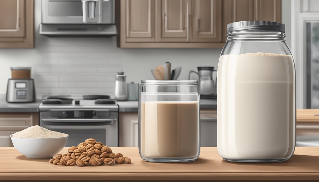 A jar of walnut protein powder sits on a clean, organized kitchen counter, next to a blender and a glass of milk. The expiration date is clearly visible on the label