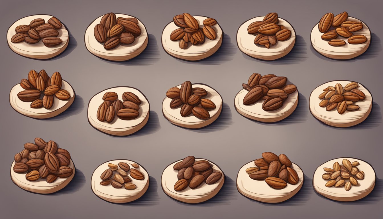 A pile of pecans in various stages of decay, from fresh and plump to shriveled and moldy, sitting on a wooden shelf