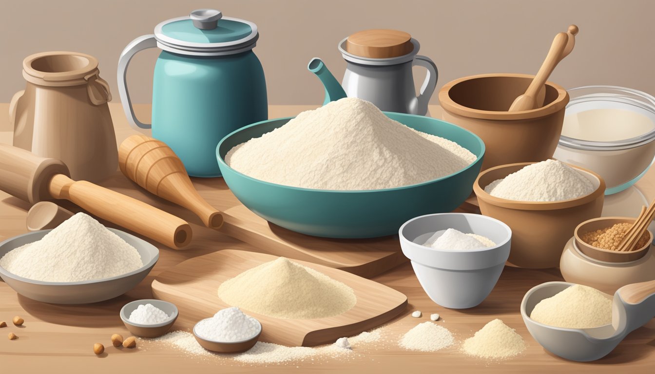 A kitchen counter with a bag of cassava flour, mixing bowls, measuring cups, and a rolling pin. Ingredients and baked goods are scattered around