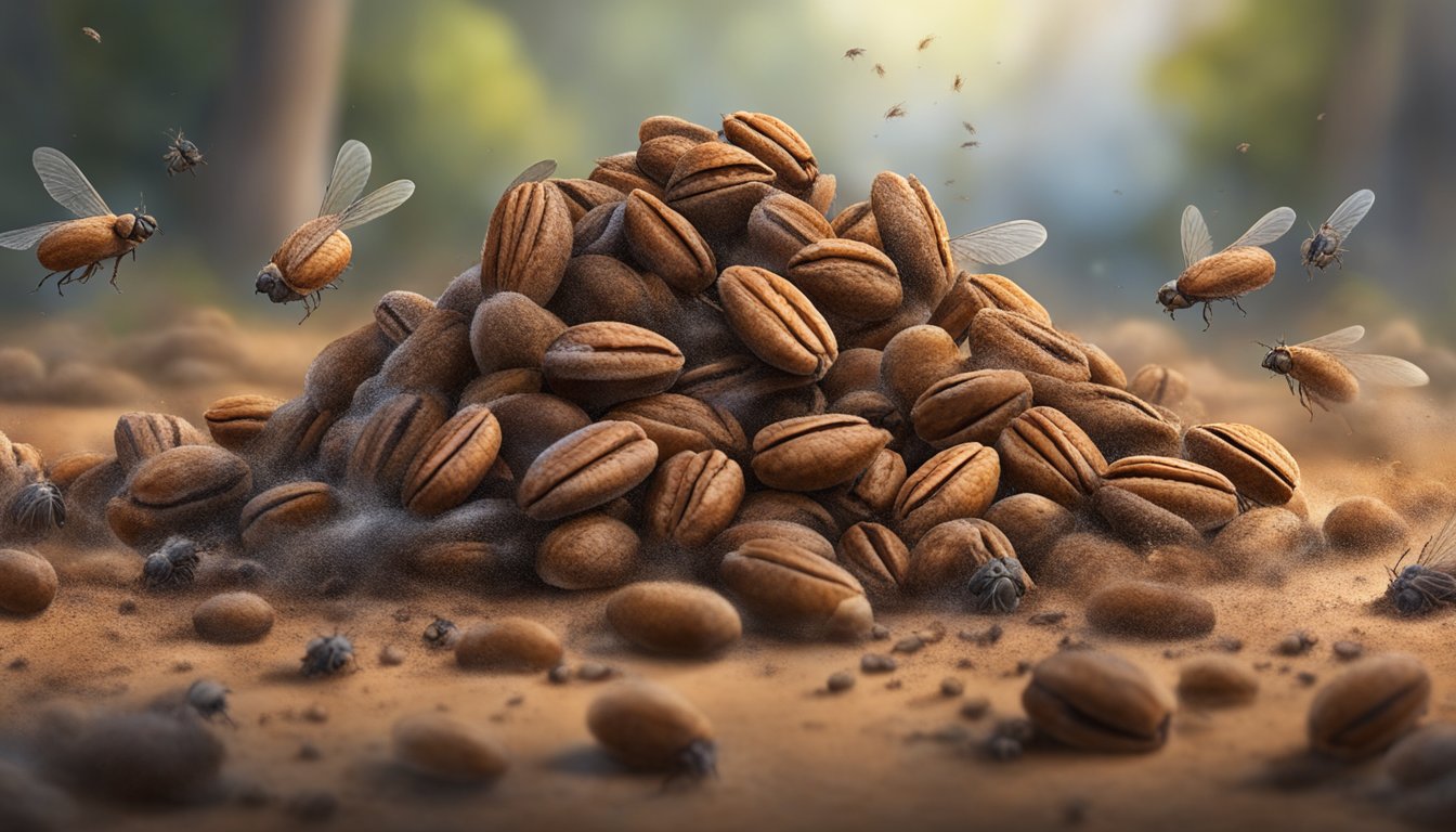 A pile of rotting pecans emitting a foul odor, surrounded by flies and mold