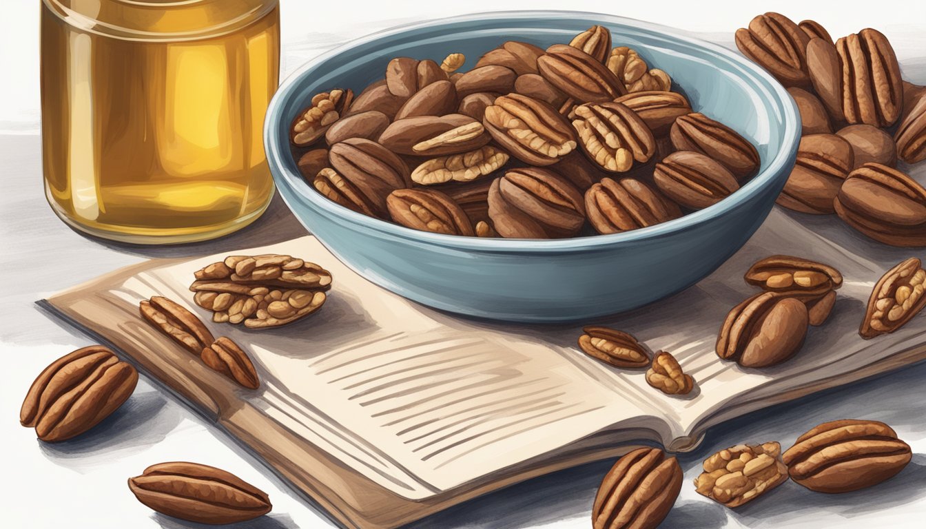 A bowl of various pecans, whole and chopped, alongside pecan flour and oil, with a cookbook open to a page on pecan recipes