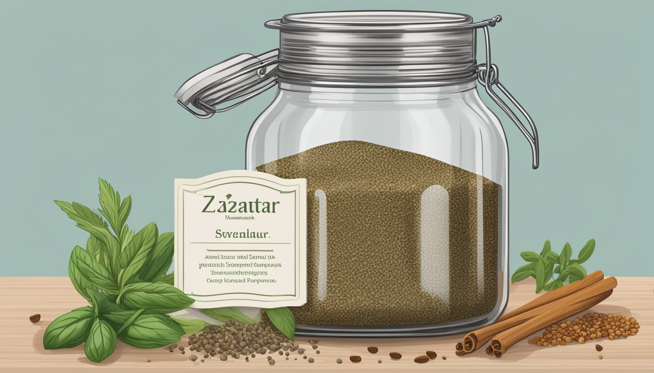 A jar of zaatar sits on a kitchen counter, surrounded by fresh herbs and spices. The label is slightly worn, indicating frequent use