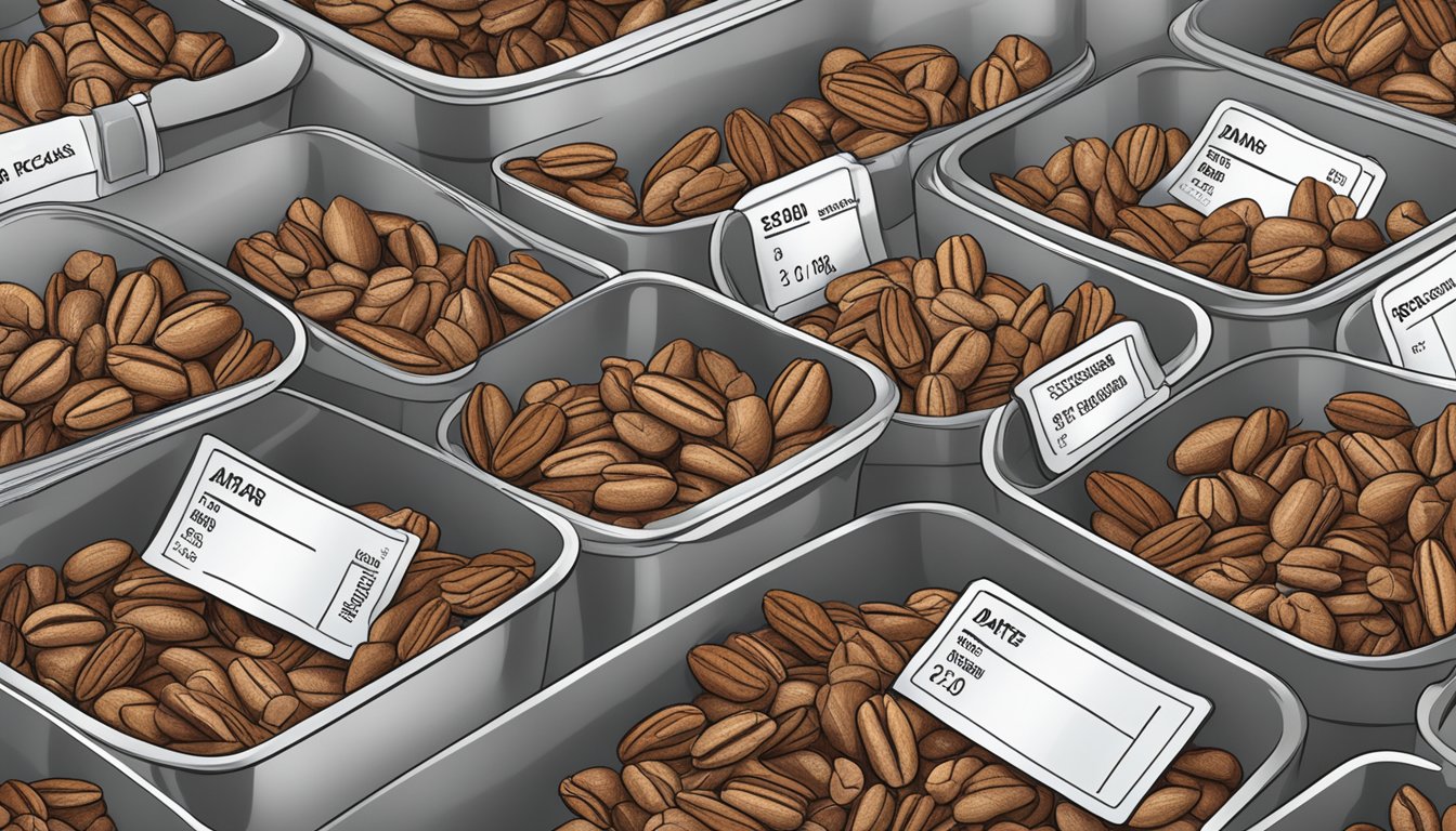 A pile of pecans stored in airtight containers, with a label indicating the date of storage