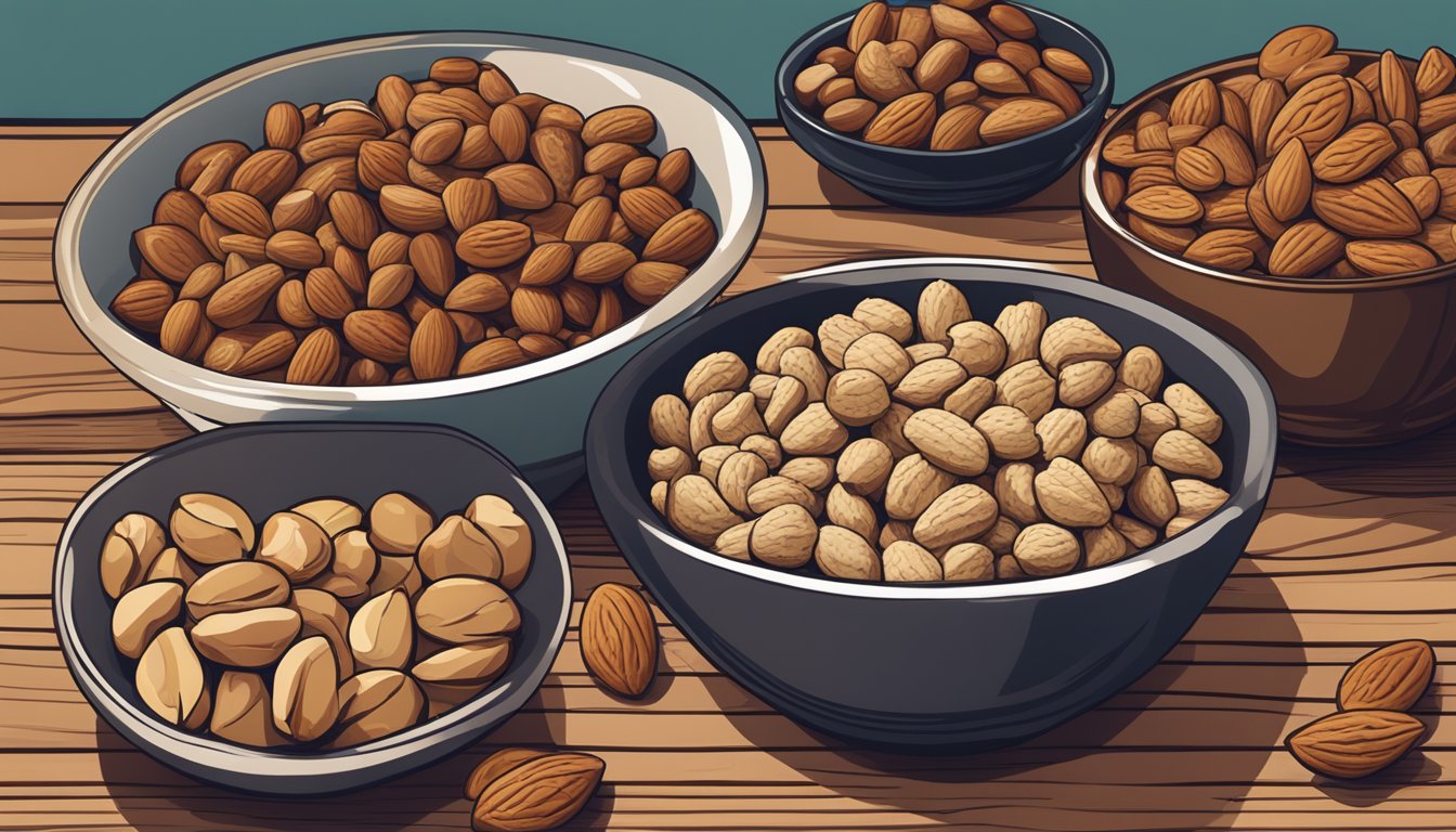 A bowl of various nuts, including almonds, walnuts, and cashews, sits on a wooden table. A pecan protein powder container is open next to the bowl