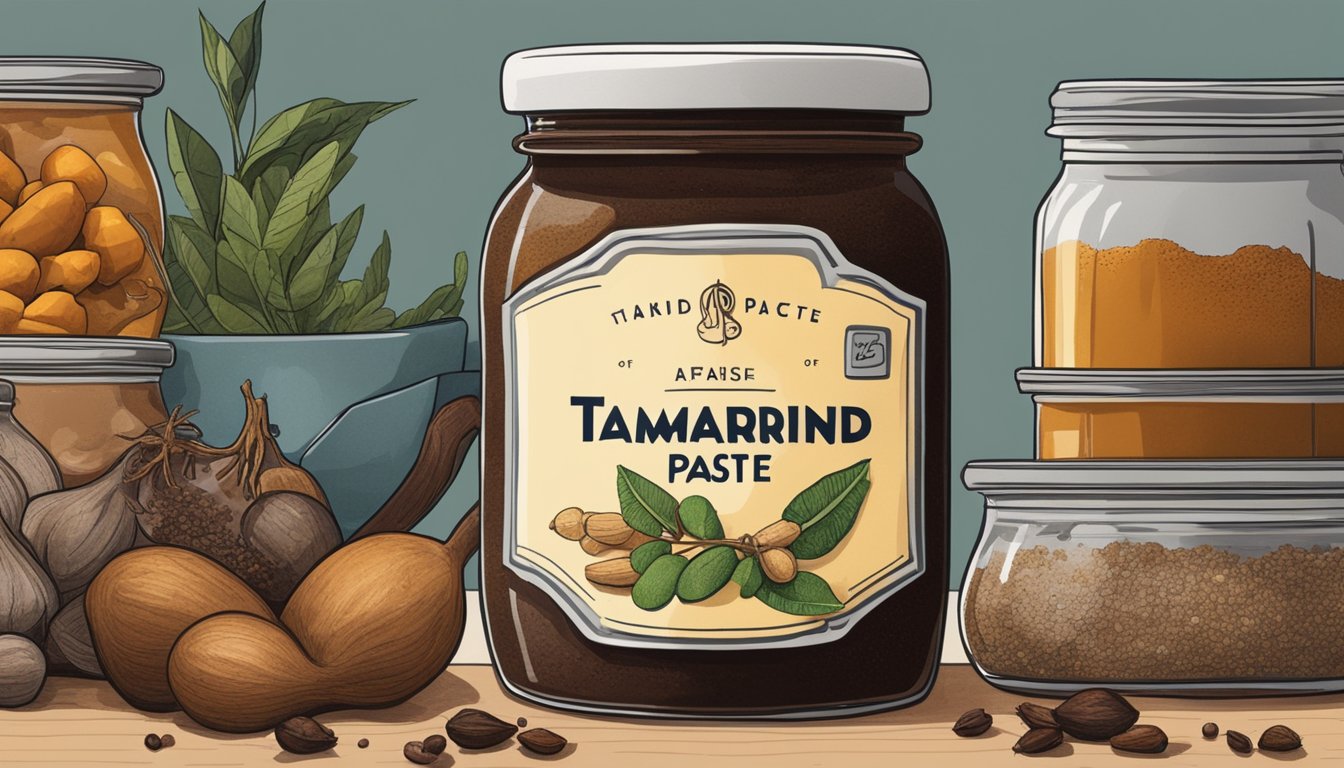 A jar of tamarind paste sits on a cluttered kitchen shelf, surrounded by various spices and condiments. The lid is slightly ajar, and the paste inside appears dark and sticky