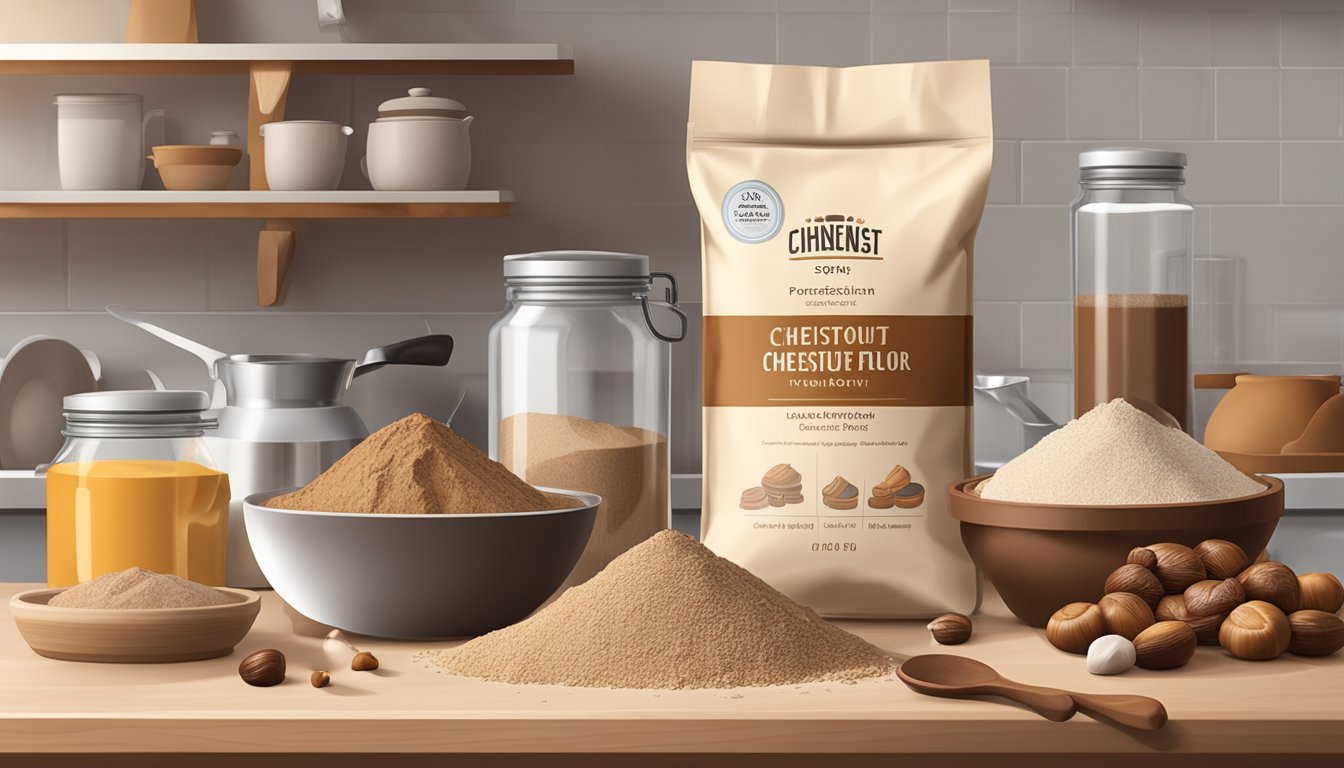 A bag of chestnut flour sits on a kitchen counter, surrounded by various baking ingredients and utensils. The flour is in a clear, airtight container, with a best-by date clearly visible