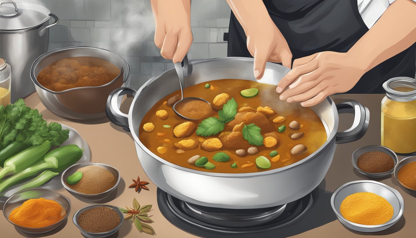 A chef adds tamarind paste to a bubbling pot of curry, with various spices and vegetables on the kitchen counter