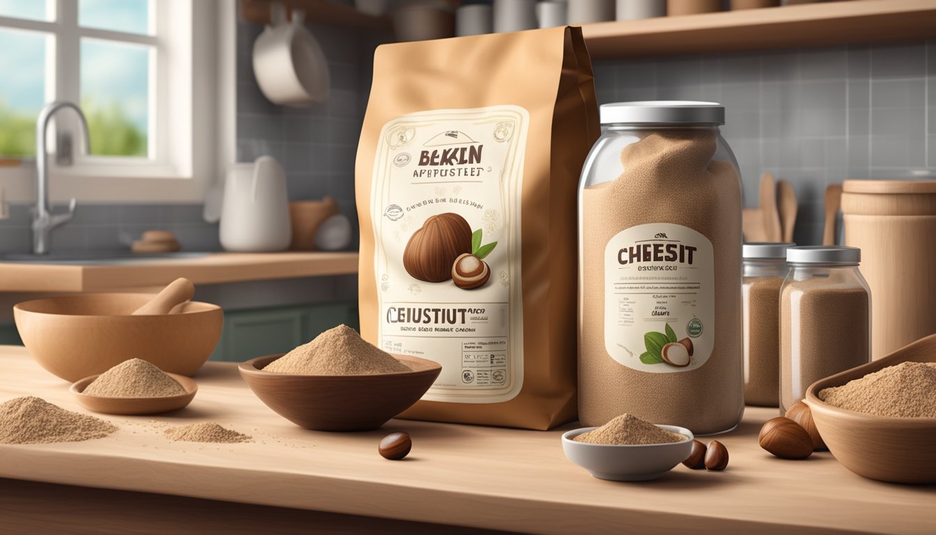 A bag of chestnut flour sits on a kitchen shelf, surrounded by other baking ingredients. The label indicates the expiration date is still far in the future