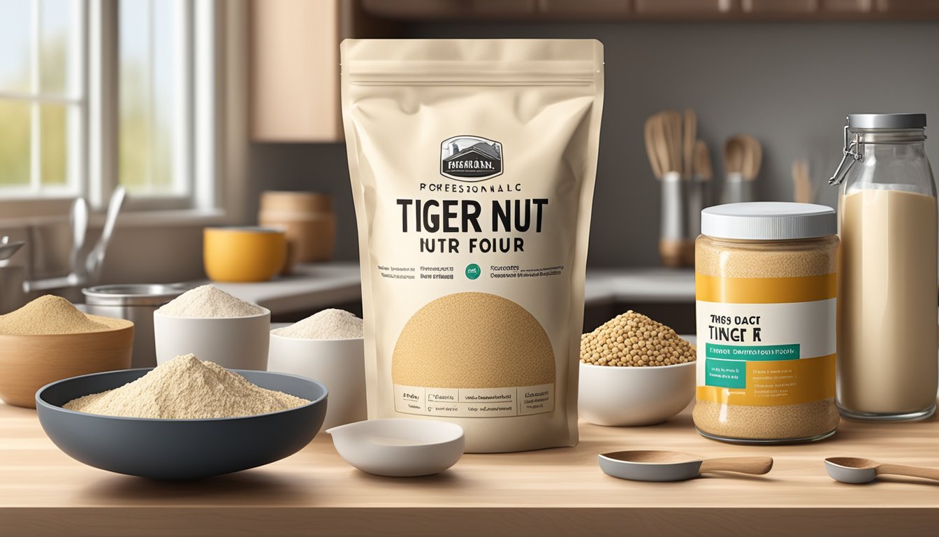 A bag of tiger nut flour sits on a kitchen countertop, surrounded by various baking ingredients and utensils. The flour is sealed and shows no signs of spoilage