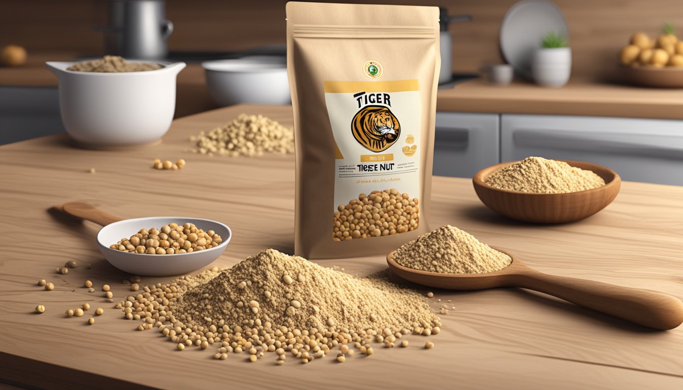 A bag of tiger nut flour sits on a wooden kitchen counter, surrounded by fresh tiger nuts and a few spoiled ones