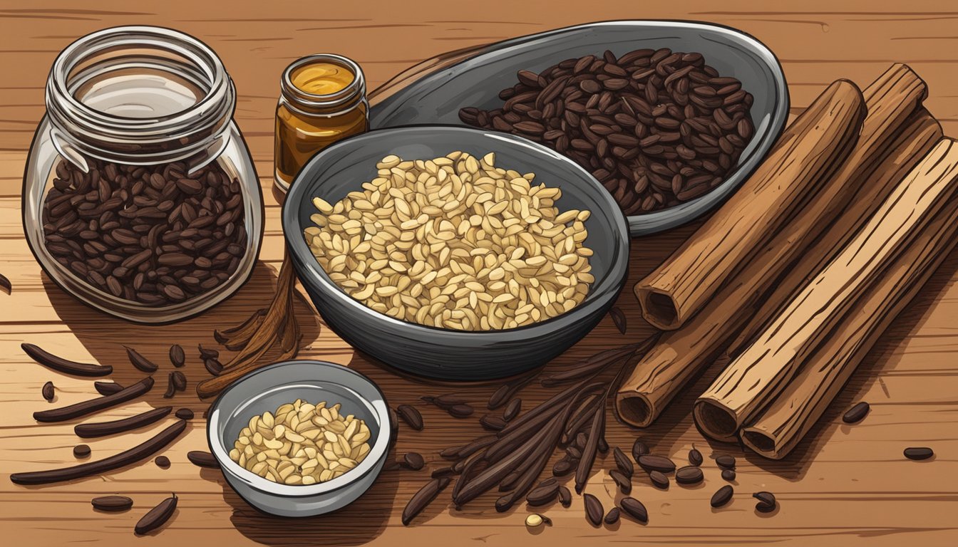 A bundle of vanilla beans sits on a wooden cutting board, surrounded by scattered spices and a small glass jar. The beans are plump and aromatic, with a rich brown color and visible specks of vanilla seeds