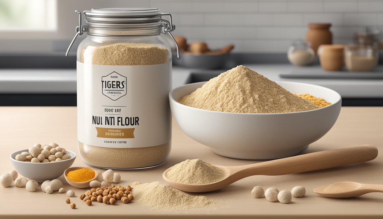 A jar of tiger nut flour sits on a kitchen counter, surrounded by various alternative and substitute ingredients