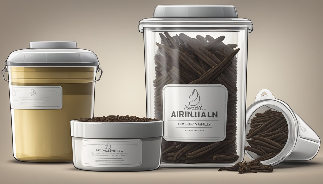 Airtight container with fresh vanilla beans, silica packets, and a temperature-controlled environment to prevent mold and deterioration