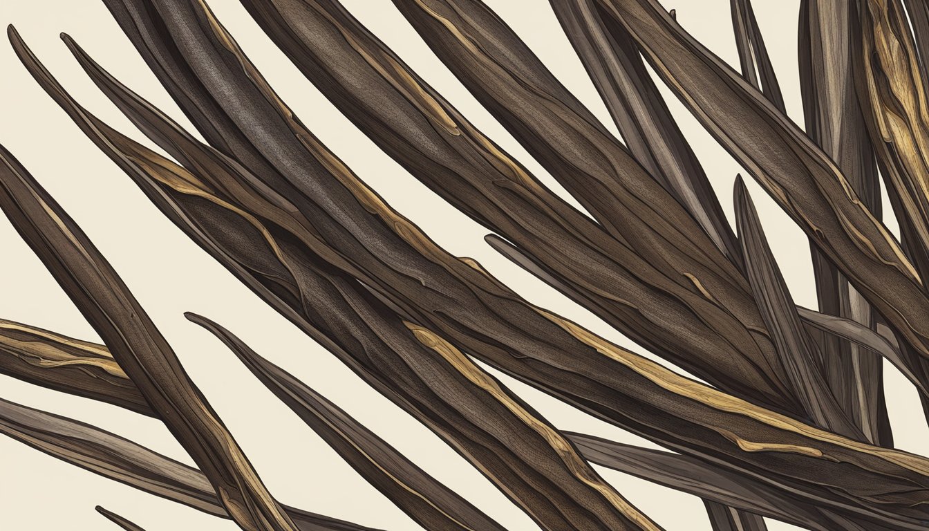 A close-up of vanilla beans showing signs of aging: shriveled, dry, and discolored pods with visible cracks and wrinkles