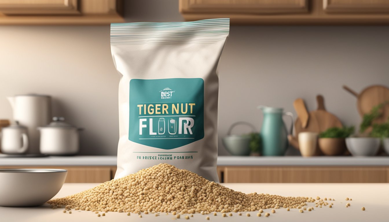 A bag of tiger nut flour sits on a kitchen shelf, with a best before date clearly visible. A few loose grains spill out onto the counter