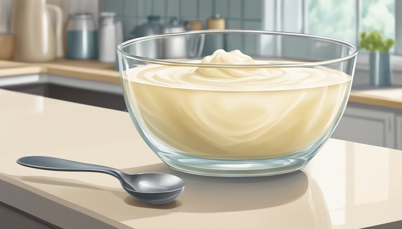 A clear glass bowl of aquafaba sits on a kitchen counter, with a spoon resting on the edge. The liquid is smooth and slightly frothy, with a pale yellow tint