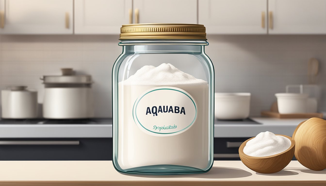 A clear glass jar filled with aquafaba sits on a kitchen counter, sealed with a lid. The liquid appears smooth and slightly viscous, with no signs of spoilage