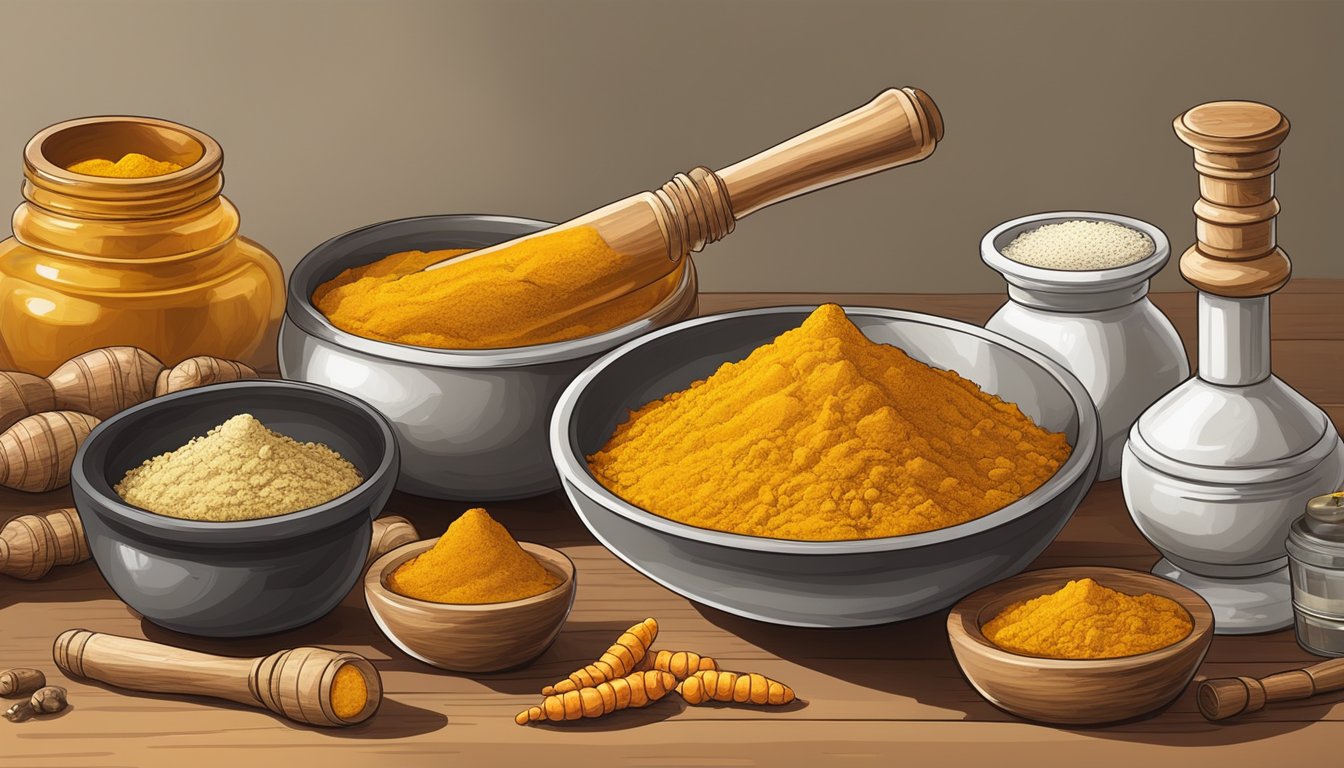 A vibrant pile of fresh turmeric roots and powder, accompanied by a mortar and pestle, a cutting board, and various scientific instruments for analysis