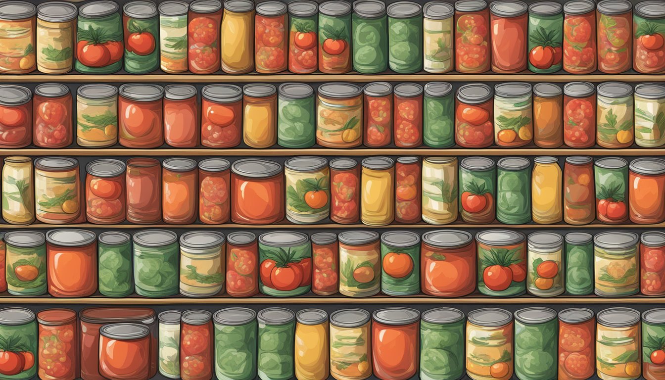 A shelf with rows of canned tomatoes, some with expiration dates