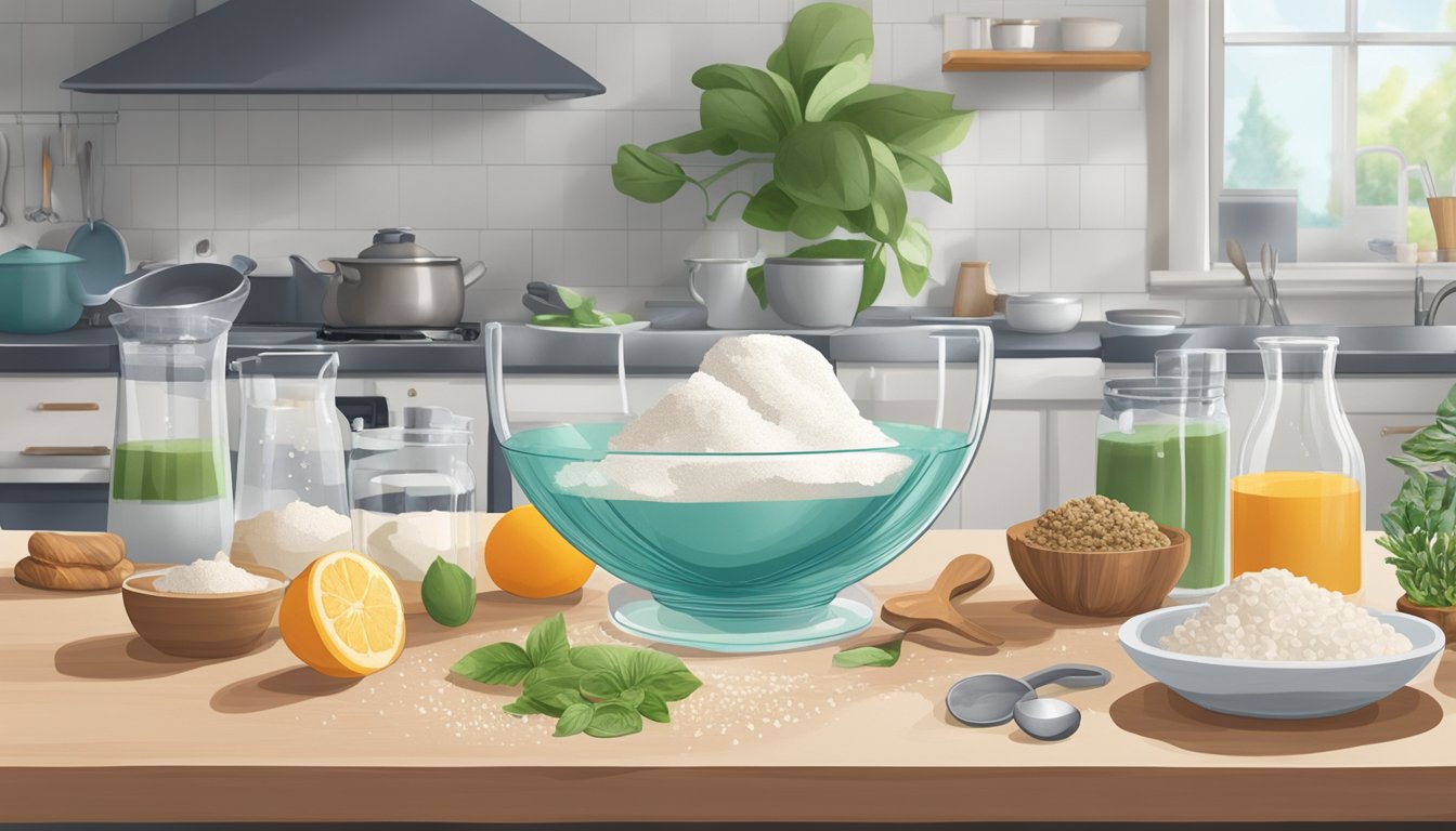 A clear glass bowl of aquafaba sits on a kitchen counter, surrounded by various ingredients and utensils. The aquafaba appears slightly separated and has a faint sour odor