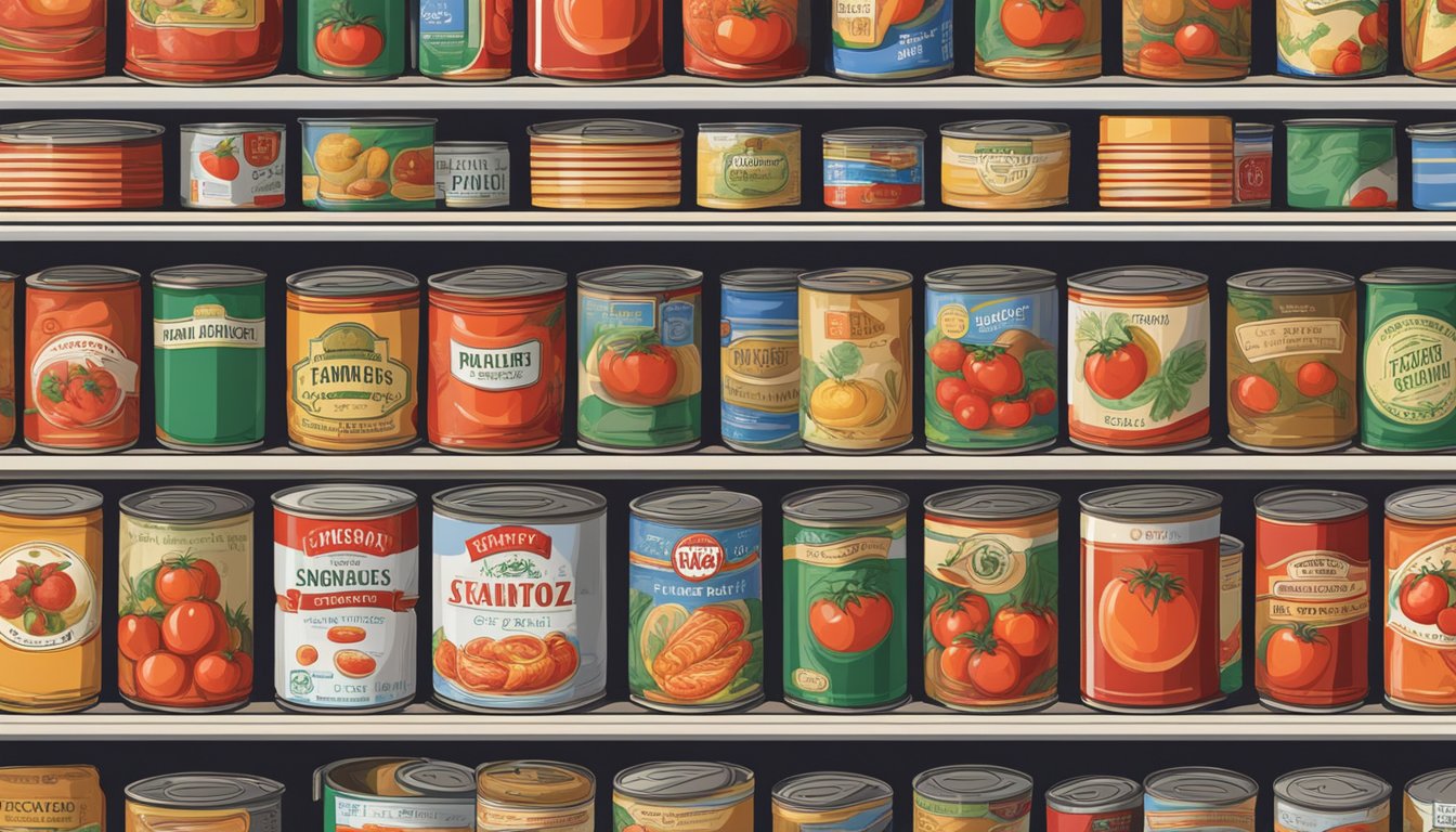 A pantry shelf with various canned tomatoes, some showing signs of expiration