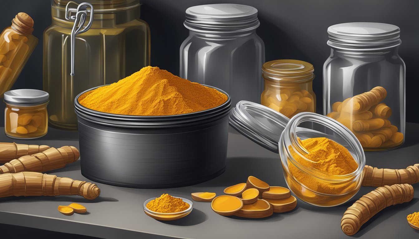 Airtight container of turmeric in a cool, dark pantry