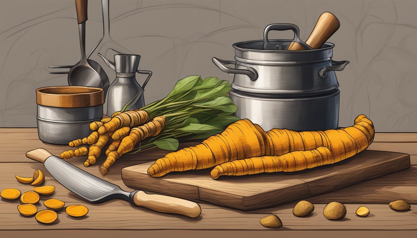 A vibrant turmeric root sits on a rustic kitchen table surrounded by various cooking utensils and industrial tools