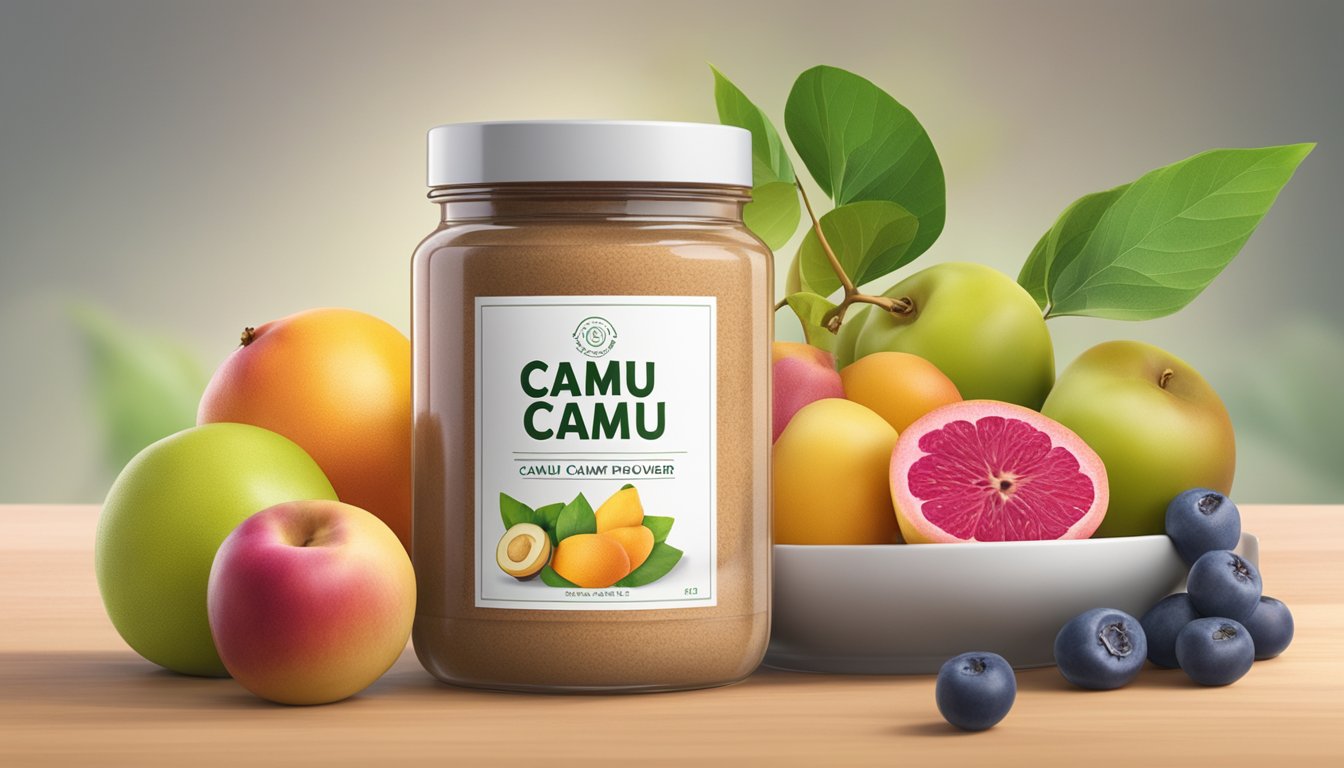 A jar of camu camu powder sits on a kitchen counter, surrounded by vibrant, fresh fruits. The label on the jar is faded, hinting at its age