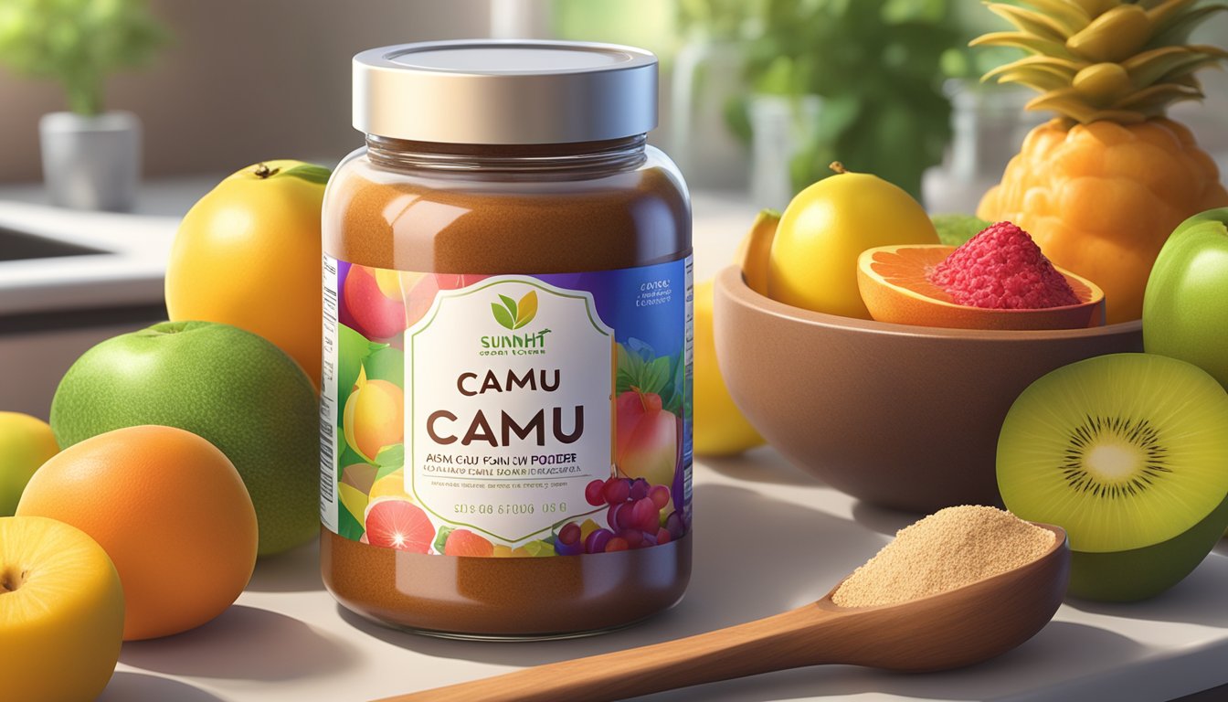 A jar of camu camu powder sits on a kitchen counter, surrounded by vibrant fruits and a measuring spoon. Rays of sunlight highlight the label, emphasizing its nutritional value and health benefits