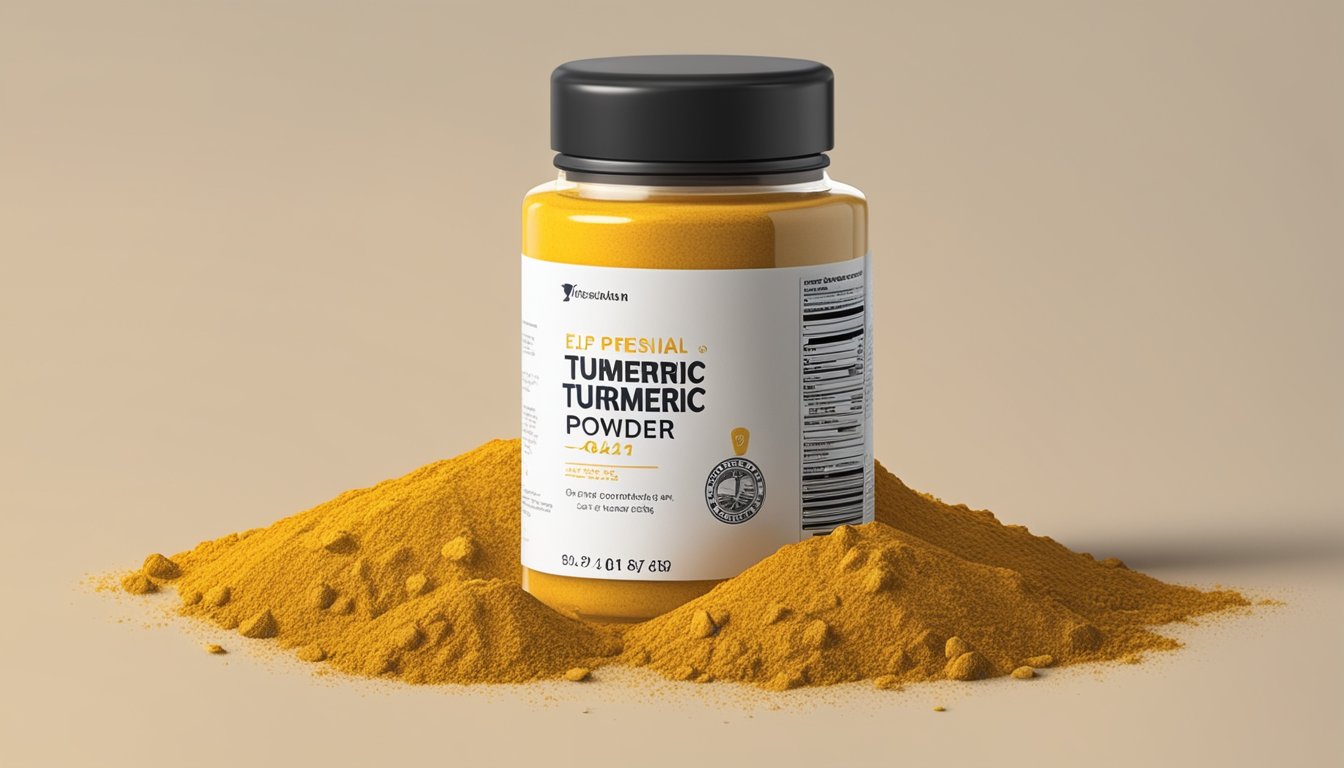 A pile of old, moldy turmeric powder next to a bottle with a faded expiration date