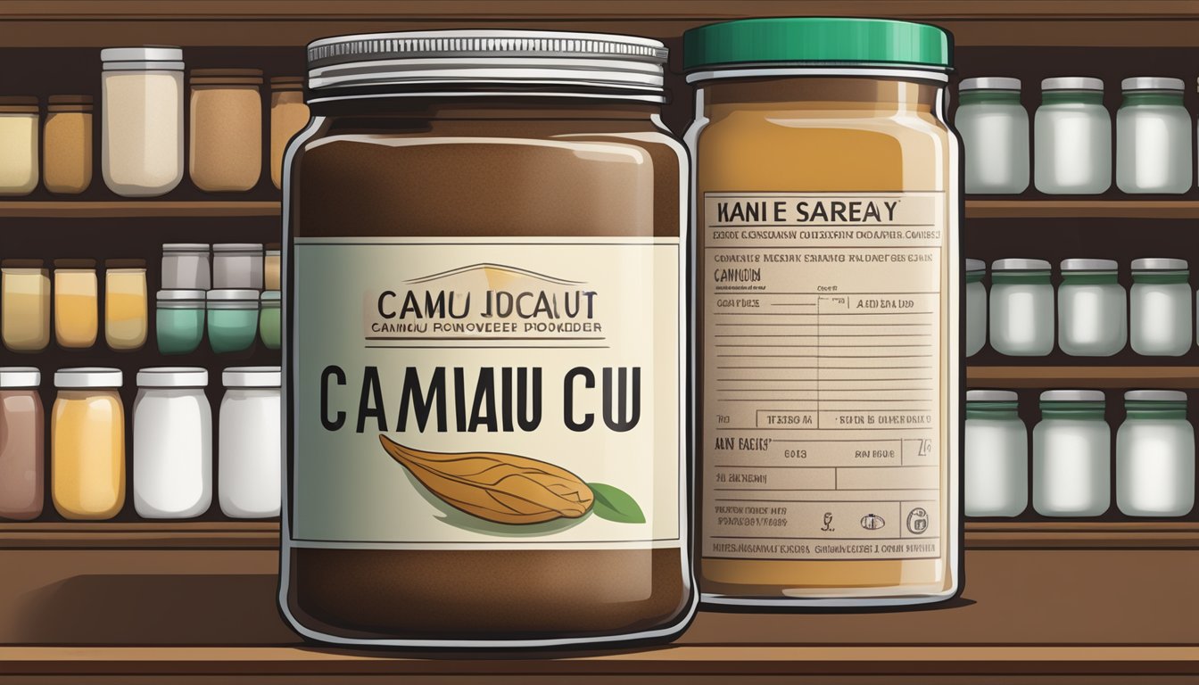 A sealed glass jar of camu camu powder stored in a cool, dark pantry with a label indicating the date of purchase