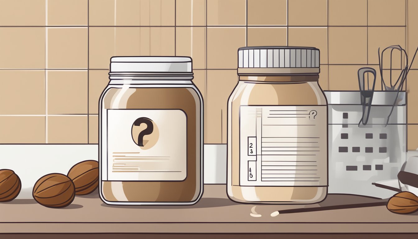 A jar of hazelnut protein powder sits on a kitchen counter next to a calendar, with a date circled in red. A question mark hovers over the jar