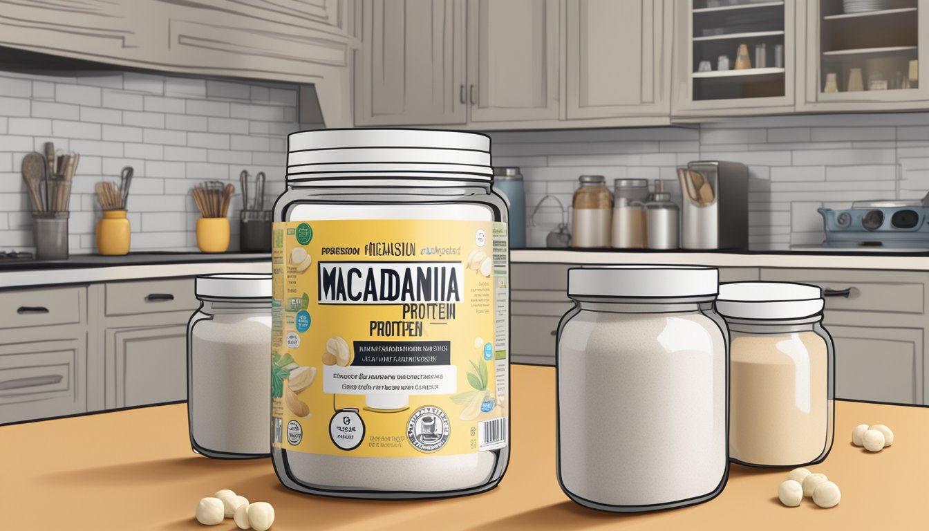 A jar of macadamia protein powder sits on a kitchen counter, surrounded by various expiration date labels and a question mark