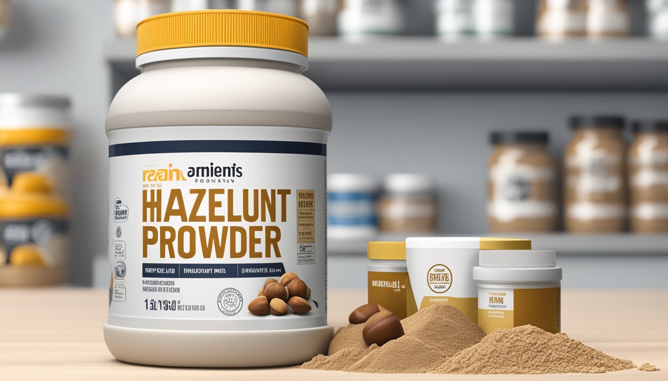 A jar of hazelnut protein powder sits on a shelf, surrounded by other supplements. The expiration date is clearly printed on the label