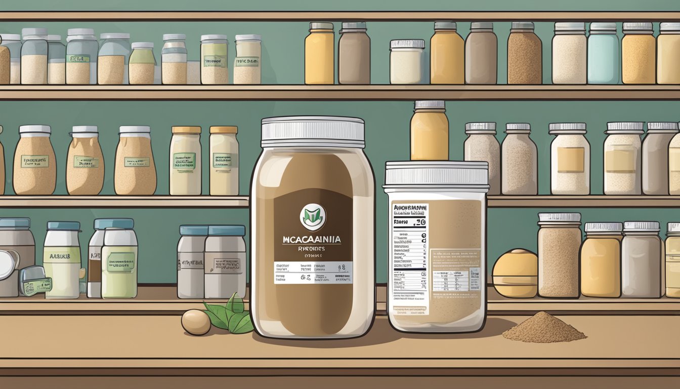 A jar of macadamia protein powder sits on a shelf, surrounded by various factors that can affect its shelf life, such as temperature, moisture, and exposure to light