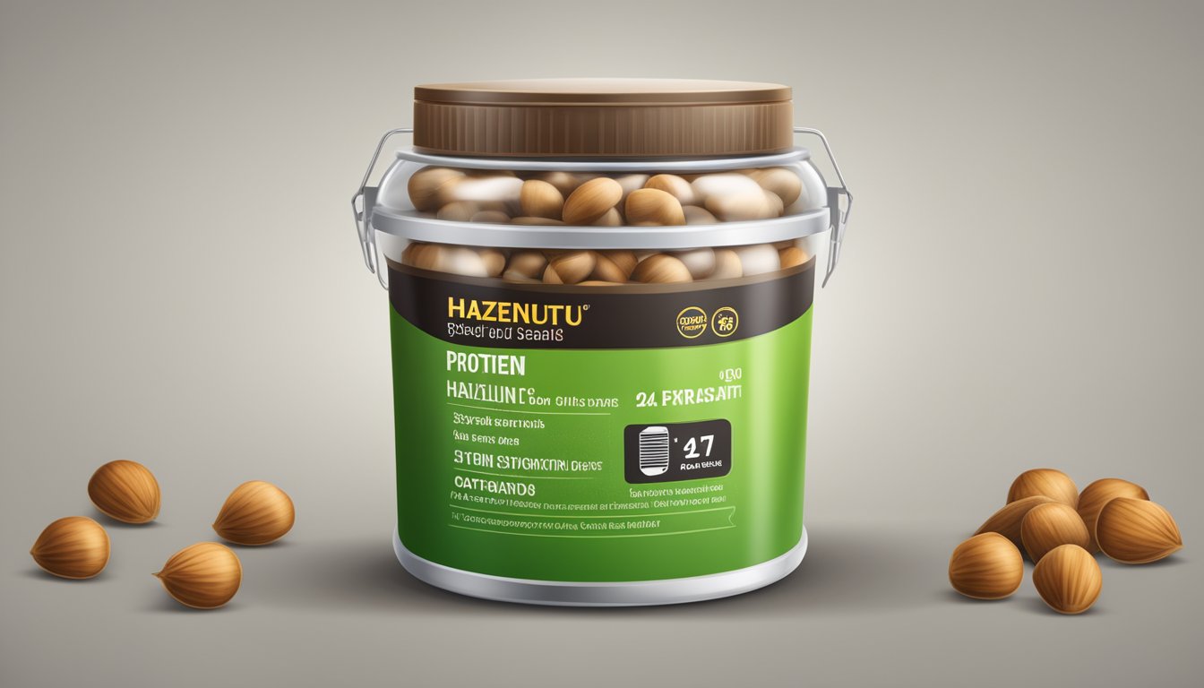 A hazelnut protein container with expiration date and caution signs