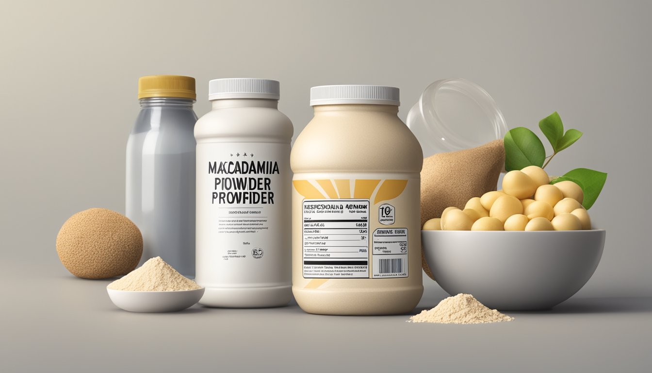 A bottle of macadamia protein powder with a clear expiration date label, surrounded by various safety and health symbols