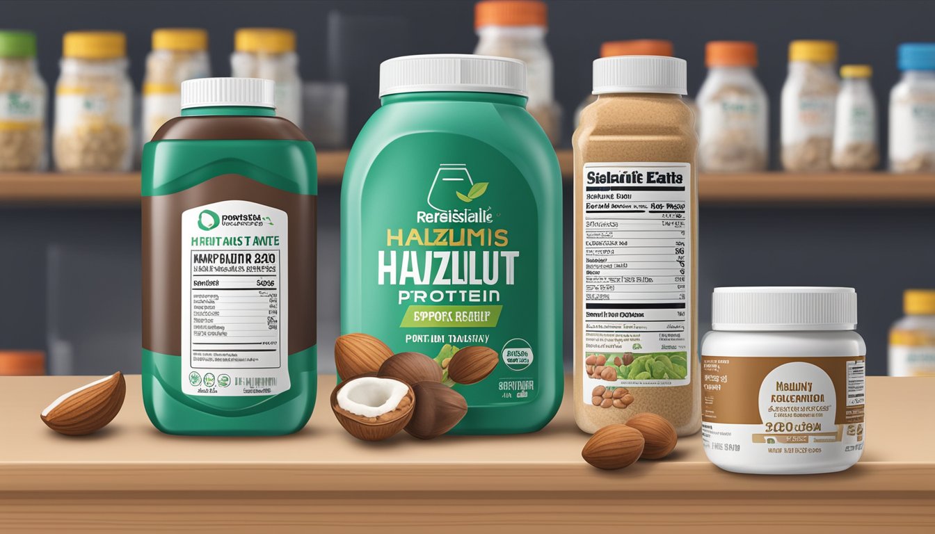 A hazelnut protein container sits on a shelf, surrounded by other expired products. The label shows a clear expiration date, emphasizing the importance of quality and efficacy over time