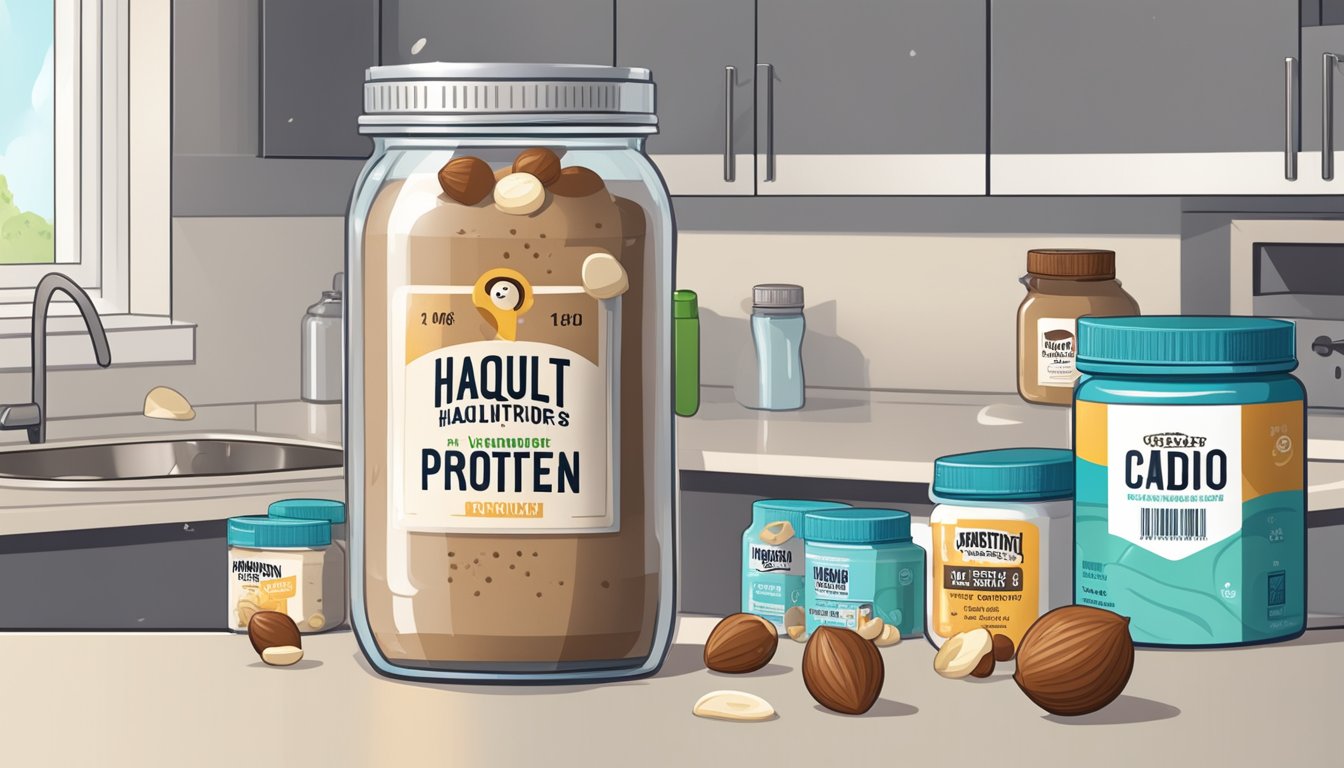 A jar of hazelnut protein powder sits on a kitchen counter, surrounded by scattered expiration date labels and a concerned expression on a cartoon hazelnut character's face