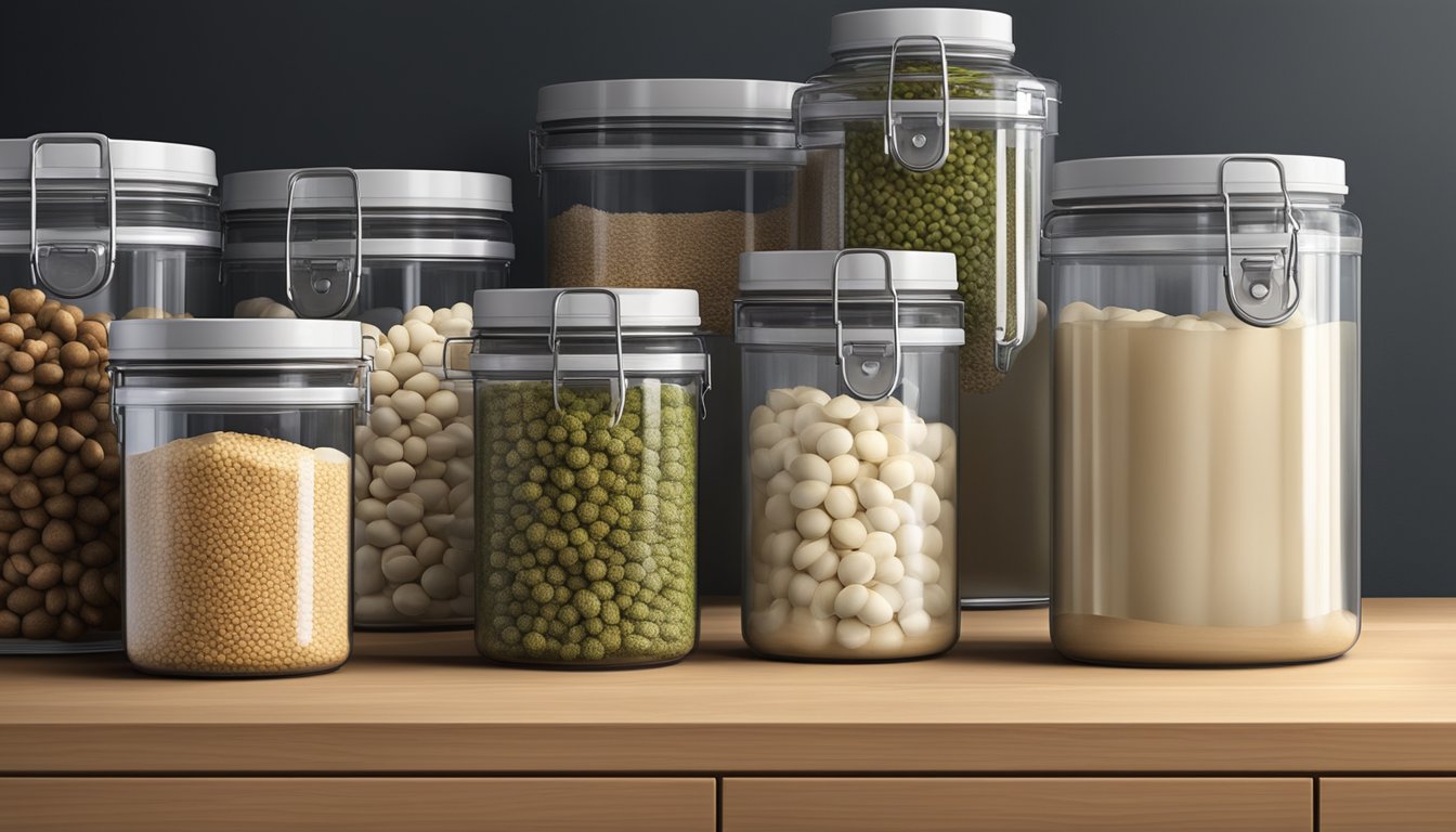 A sealed, airtight container of macadamia protein stored in a cool, dark pantry