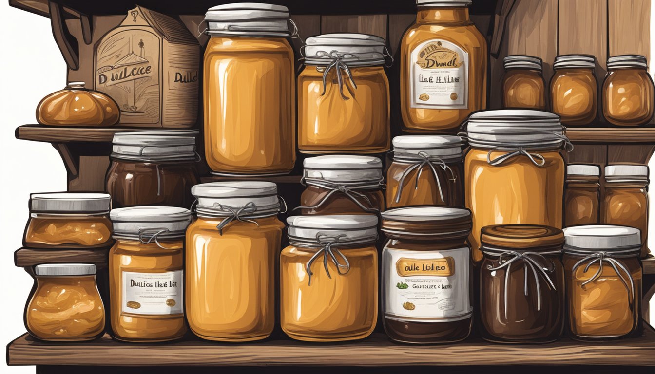 A jar of dulce de leche sits on a rustic kitchen shelf, surrounded by jars of other preserves. The warm golden color of the dulce de leche contrasts with the cool, dark tones of the shelf