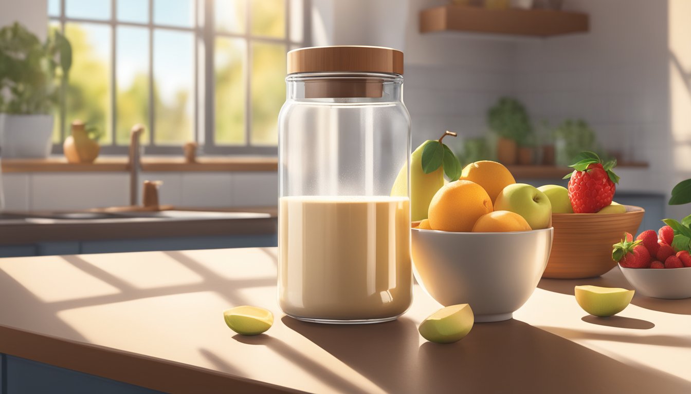 A jar of macadamia protein powder sits on a kitchen counter next to a blender and a bowl of fresh fruit. The morning sunlight streams through the window, casting a warm glow on the scene